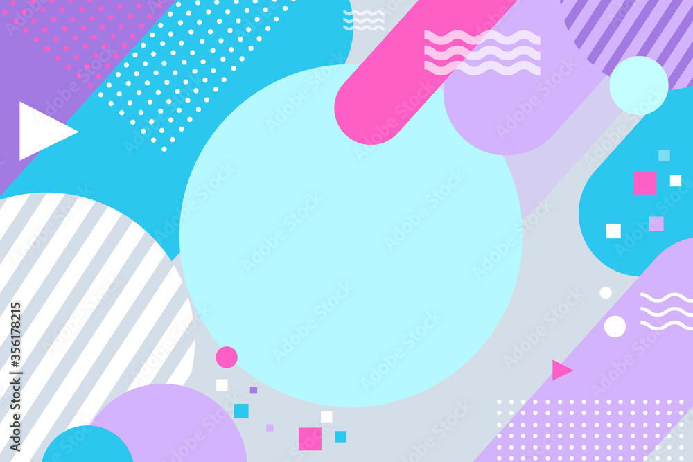 Abstract modern background. Bright cover template in memphis style. Colorful simple backdrop with circles, lines and dots. Trendy pattern of geometric shape, minimalist mosaic vector illustration.