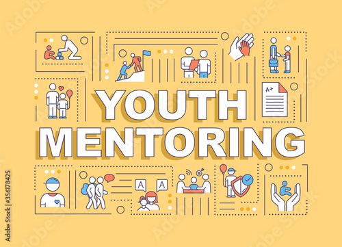Youth mentoring word concepts banner. Adult care for children. Teacher help student. Infographics with linear icons on orange background. Isolated typography. Vector outline RGB color illustration
