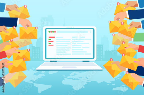 Vector of a laptop and multiple hands holding email icons