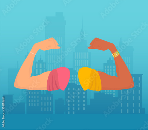 Vector of white and black hands flexing biceps