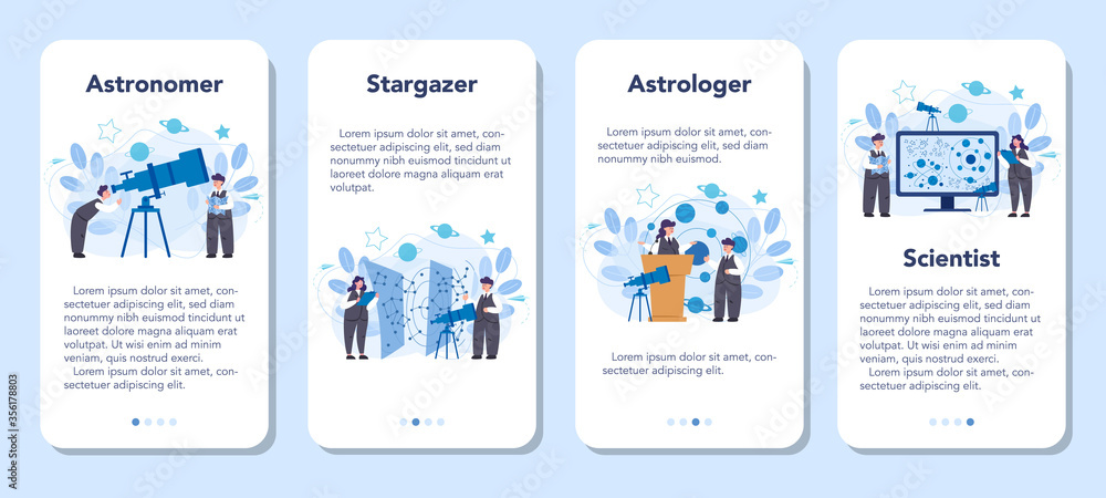 Astronomy and astronomer mobile application banner set.
