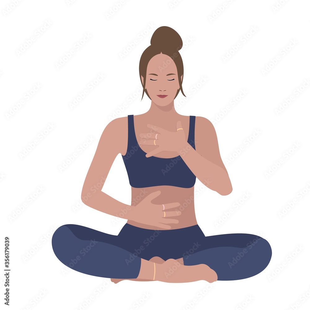 Young Woman Sitting in Lotus Position. Abdominal Breathing. Breath Awareness Exercise. Vector Flat Illustration. Young Woman Sitting in Lotus Position. Abdominal Breathing. Breath Awareness Exercise. Vector Flat Illustration.