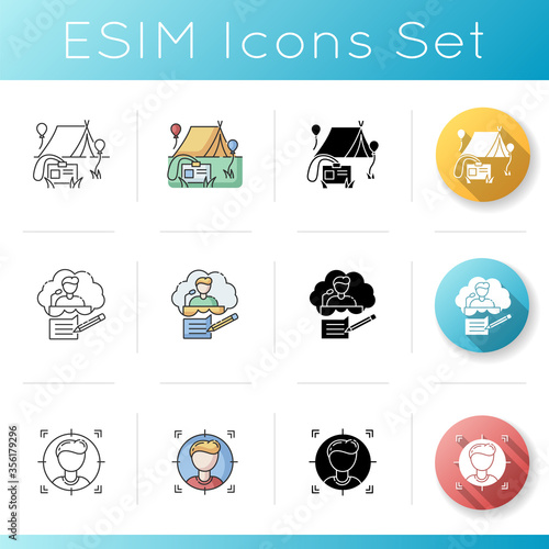 Corporate event planning icons set. Speech writing professional. Target audience. Special event for company employees. Linear, black and RGB color styles. Isolated vector illustrations