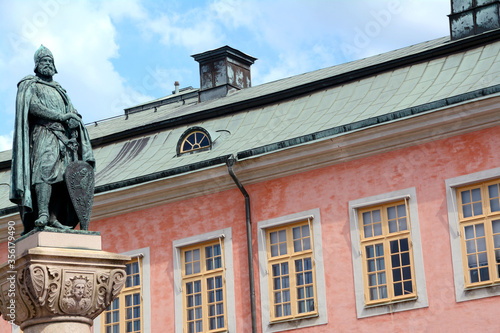 Sweden / Stockholm - June 3, 2019: the medieval Birger Jarl square with the bronze statue of the founder of Stockholm on the island of Riddarholmen in Stockholm.