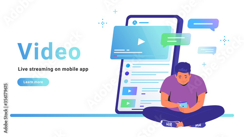 Video and live streaming on mobile app. Flat line vector illustration of cute man sitting alone in lotus pose with smartphone and watching video online. Smartphone with comments on white background