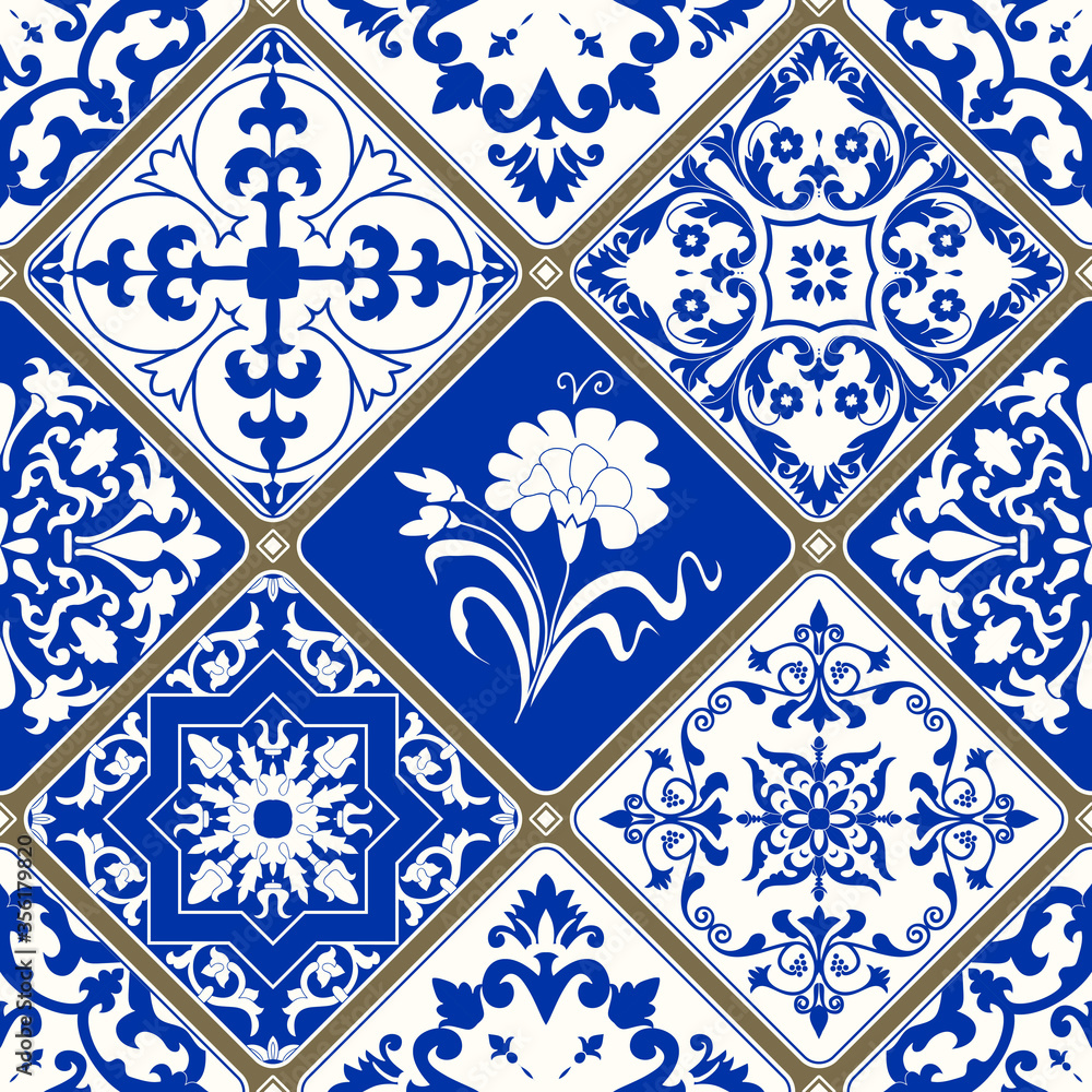 Seamless patchwork tile with Victorian motives. Majolica pottery tile, blue and white azulejo, original traditional Portuguese and Spain decor.  Vector illustration.