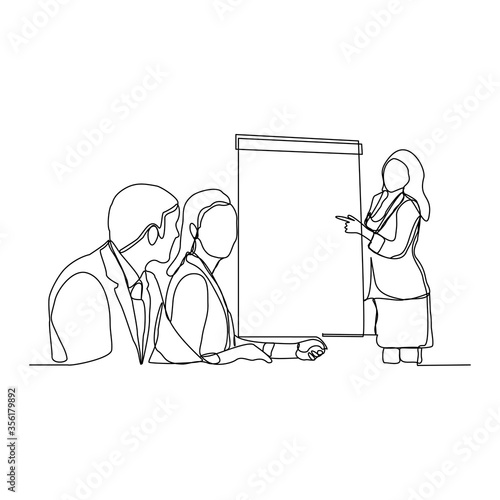 Continuous line drawing of business woman presentaion in meeting. Vector illustratio