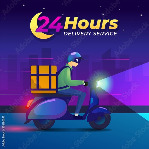 24 hours delivery illustration.A man rides a scooter bike at night