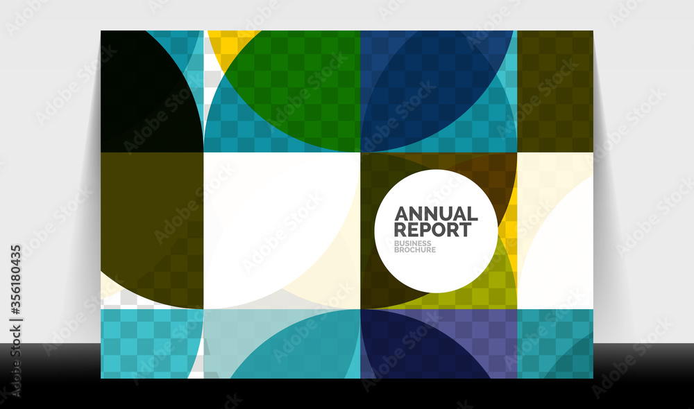 Horizontal A4 business flyer annual report template, circles and triangle style shapes modern geometric design for brochure layout, magazine or booklet Horizontal A4 business flyer annual report template, circles and triangle style shapes modern geometric design for brochure layout, magazine or booklet
