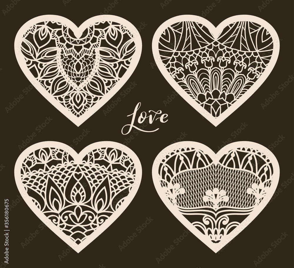 Set of 4 Valentine card or Wedding Invitation with lace pattern. Layout congratulatory card with carved openwork pattern. Pattern suitable for laser cutting, plotter cutting or printing