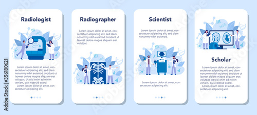 Radiologist mobile application banner set. Doctor examing X-ray