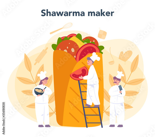 Shawarma street food concept. Chef cooking delicious roll