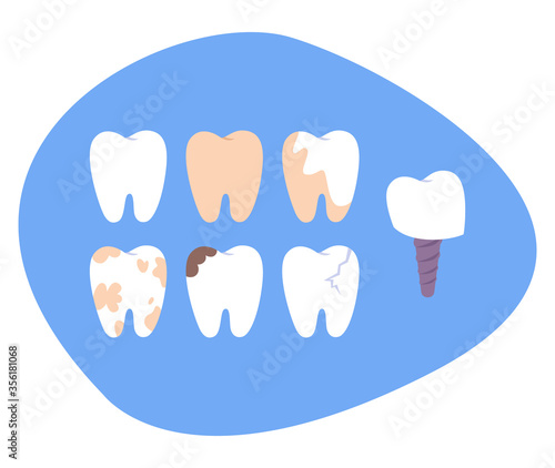 Set of diffrent impacts on human teeth. Dental and oral diseases.