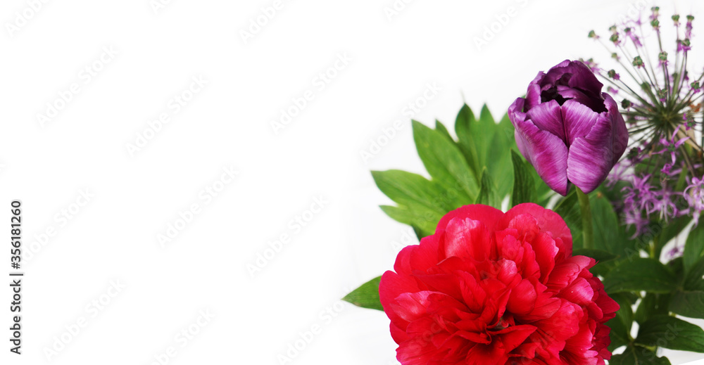 Bouquet of flowers from peonies, tulips and other garden flowers on a white background. Bouquet of flowers from peonies, tulips and other garden flowers on a white background.