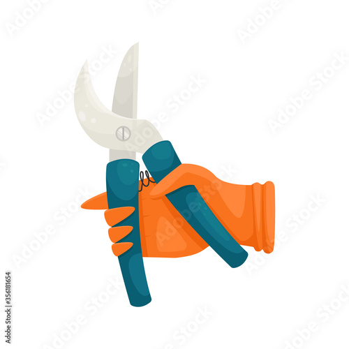 Flat vector illustration with garden shears in the hands of a rubber glove. The season of harvest. Subsistence farming.