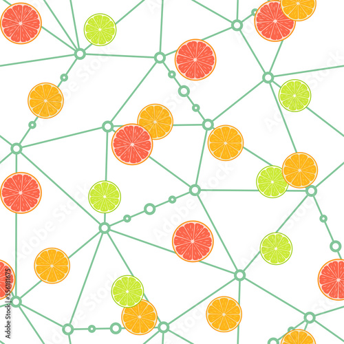 Lime, orange and grapefruit on a white background with green geometric ornament. Vector seamless pattern, design template for wallpaper, wrapping paper, packaging, printing on fabric, textile, clothes