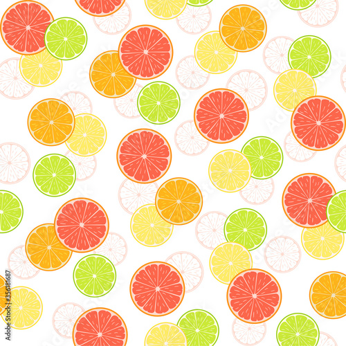 Abstract citruses, lemon, grapefruit, orange and lime on a white. Vector seamless pattern, design template for wallpaper, wrapping paper, packaging, printing on fabric, textile, clothes and bags