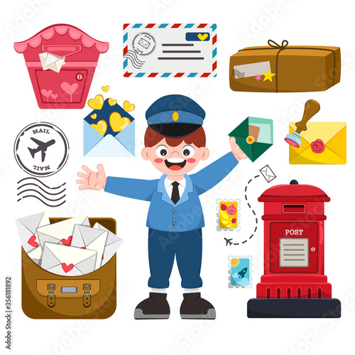 Cartoon Color Professional Postman Male Character Person Delivery Occupation and Profession Concept Element Flat Design Style. Vector illustration