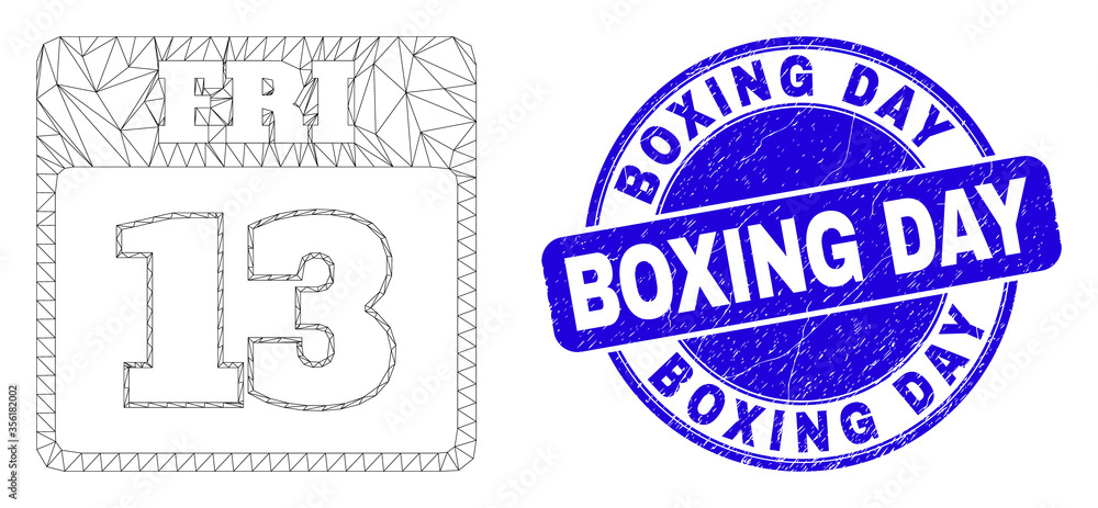 Obraz premium Web mesh 13th Friday calendar page icon and Boxing Day stamp. Blue vector rounded grunge seal stamp with Boxing Day caption.