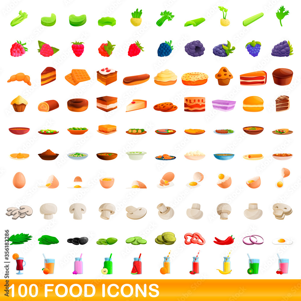100 food icons set. Cartoon illustration of 100 food icons vector set isolated on white background 100 food icons set. Cartoon illustration of 100 food icons vector set isolated on white background