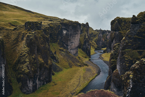 Canyon Fjadrargljufur, Iceland. Autumn, rainy day.