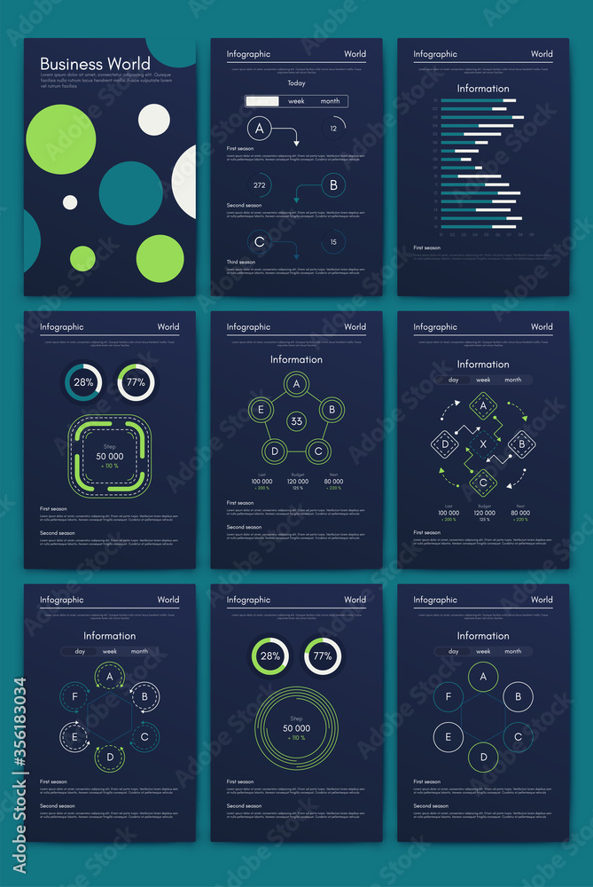 Modern infographic vector elements for business brochures. Use in website, corporate brochure, advertising and marketing. Pie charts, line graphs, bar graphs and timelines. Modern infographic vector elements for business brochures. Use in website, corporate brochure, advertising and marketing. Pie charts, line graphs, bar graphs and timelines.