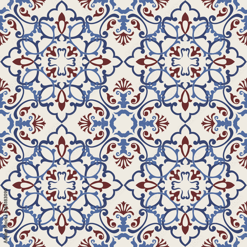 Seamless Damask pattern. Majolica pottery tile, blue, brown and gray azulejo, original traditional Portuguese and Spain decor. Seamless pattern with Victorian motives. Vector illustration. Seamless Damask pattern. Majolica pottery tile, blue, brown and gray azulejo, original traditional Portuguese and Spain decor. Seamless pattern with Victorian motives. Vector illustration.