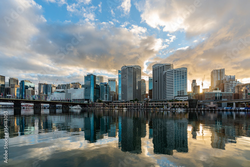 Sydney downtown skyline at Darling Harbor bay, business and recreational arcade, at sunrise © kanonsky