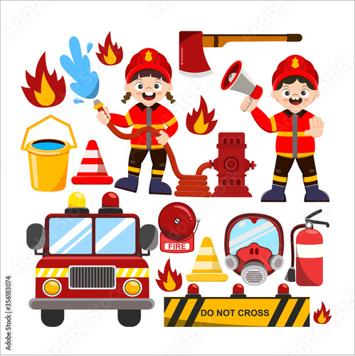 Set of characters of Profession Firefighter with Fire safety equipments. Firefighter