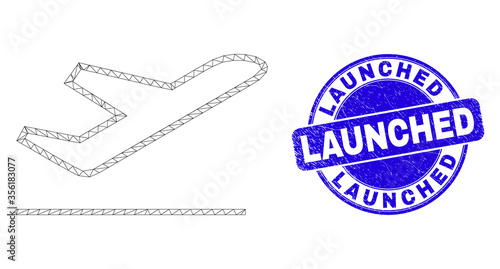 Web mesh airplane takeoff pictogram and Launched watermark. Blue vector round grunge stamp with Launched caption. Abstract carcass mesh polygonal model created from airplane takeoff pictogram.