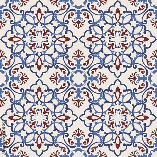 Seamless Damask pattern. Majolica pottery tile, blue, brown and gray azulejo, original traditional Portuguese and Spain decor. Seamless pattern with Victorian motives. Vector illustration.