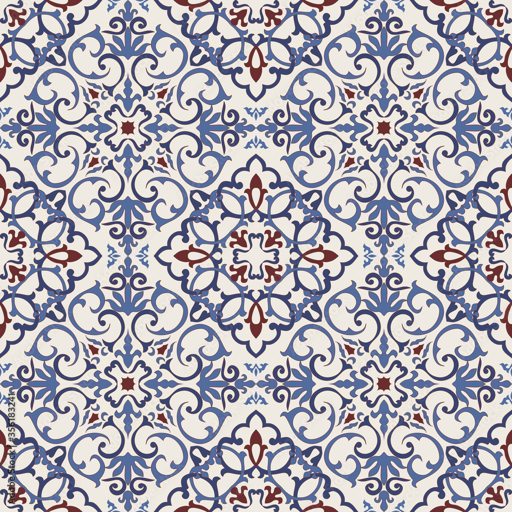 Fototapeta premium Seamless Damask pattern. Majolica pottery tile, blue, brown and gray azulejo, original traditional Portuguese and Spain decor. Seamless pattern with Victorian motives. Vector illustration.