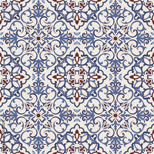 Seamless Damask pattern. Majolica pottery tile, blue, brown and gray azulejo, original traditional Portuguese and Spain decor. Seamless pattern with Victorian motives. Vector illustration.