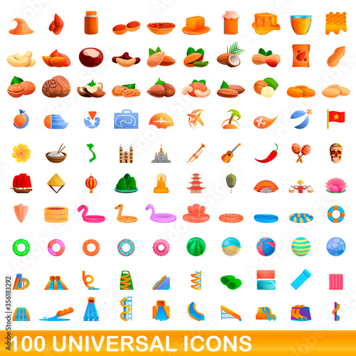 100 universal icons set. Cartoon illustration of 100 universal icons vector set isolated on white background