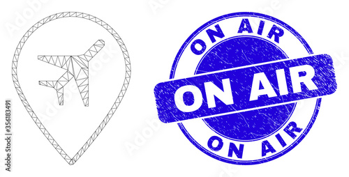Web mesh airport map marker icon and On Air watermark. Blue vector round grunge watermark with On Air title. Abstract carcass mesh polygonal model created from airport map marker icon.