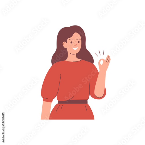 Happy young woman raises her with sign ok. Presentation concept. Human character vector illustration.