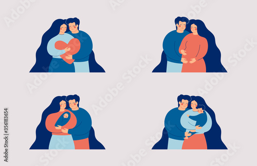 Young couple in love, Pregnant woman with man, family with an infant, parents embrace their baby boy. Family and childbirth concept. Flat cartoon vector illustration.