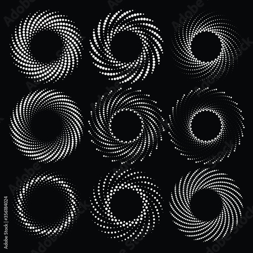 Set of white abstract vortex shapes. Halftone dots. Circle form. Design element for logo, tattoo, sign, symbol, web pages, prints, posters, template, monochrome pattern and abstract background