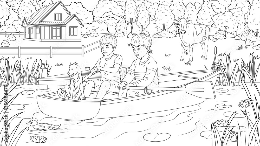 Children ride a boat in a pond