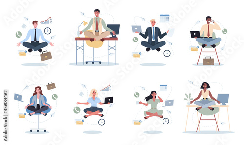 Business woman and man in lotus pose set. Employee meditate