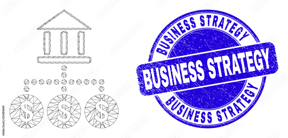 Obraz premium Web mesh bank hierarchy icon and Business Strategy stamp. Blue vector round distress stamp with Business Strategy caption. Abstract frame mesh polygonal model created from bank hierarchy icon.