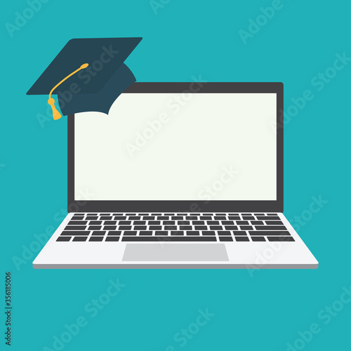 online education flat vector graduation cap in laptope icon 