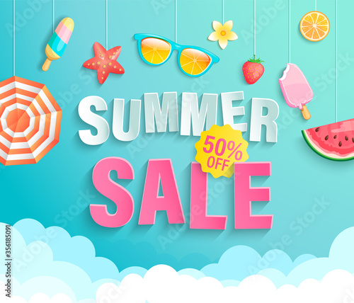 Summer's 2020 sale banner with season elements.Invitation poster with watermelon,ice cream,strawberry and promotion with big discounts hanging above the clouds.Template for design.Vector Illustration.