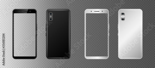 Mobile phone isolated on transparent background. Silver and black smartphone mockup photo