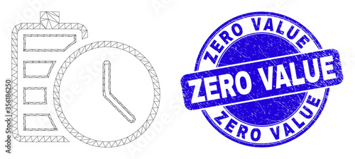 Web mesh battery charge time pictogram and Zero Value seal stamp. Blue vector round distress seal stamp with Zero Value title.