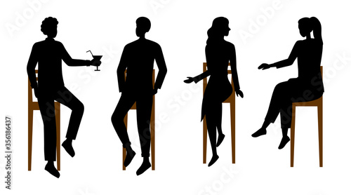 People Communications Concept. Silhouettes Of People Have A Good Time Communicating Sitting On Bar Chairs. Male And Female Characters Talking, Drinking Cocktails. Cartoon Flat Vector Illustration