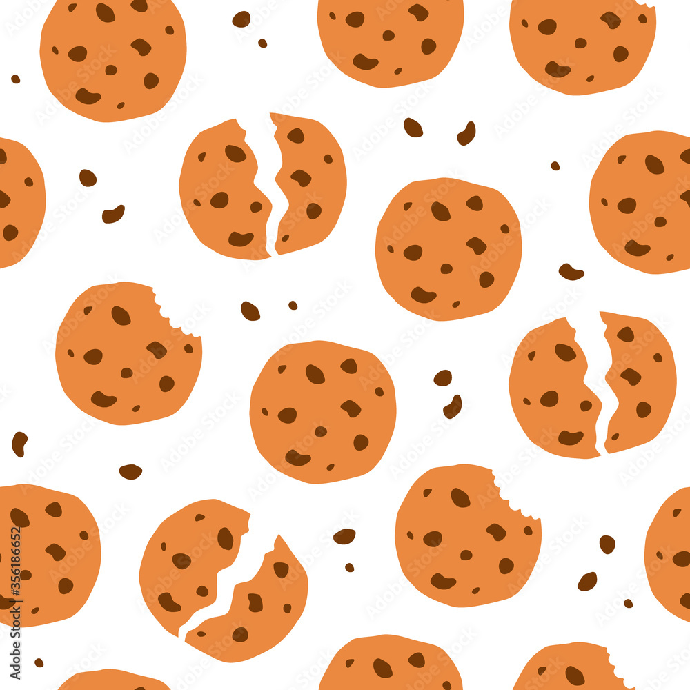 Cookie whole, bitten, broken seamless background. Delicious homemade breakfast. Sweet traditional bake pattern. Pastry bakery. Vector illustration isolated on white background Cookie whole, bitten, broken seamless background. Delicious homemade breakfast. Sweet traditional bake pattern. Pastry bakery. Vector illustration isolated on white background