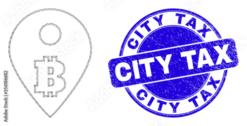 Web carcass bitcoin map marker icon and City Tax stamp. Blue vector round distress stamp with City Tax title. Abstract carcass mesh polygonal model created from bitcoin map marker icon.