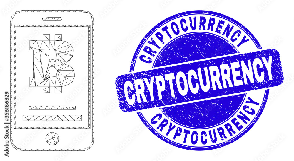 Obraz premium Web mesh bitcoin mobile account pictogram and Cryptocurrency seal. Blue vector rounded distress seal stamp with Cryptocurrency text.