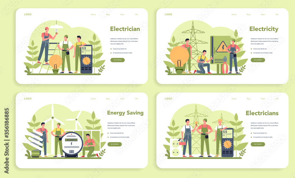 Electricity works service web banner or landing page set. Professional